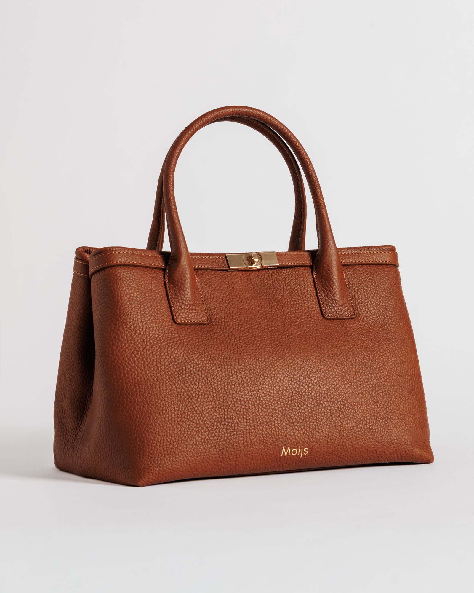 Borsa in pelle di vitello color cuoio con manici strutturati e chiusura dorata Moijs