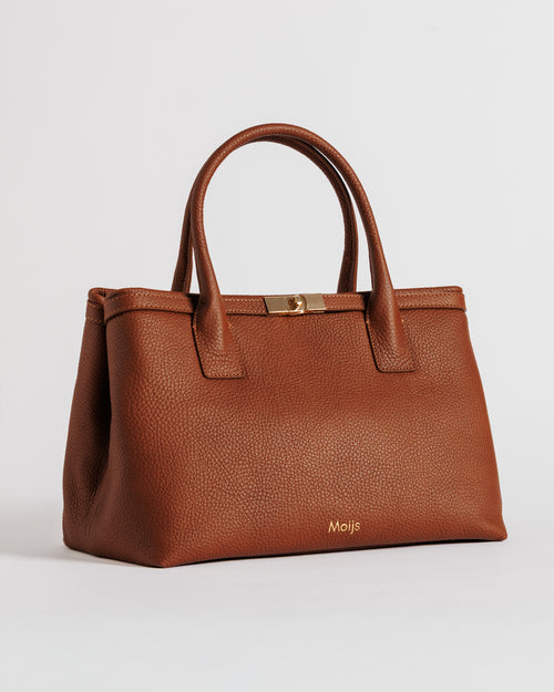 Borsa in pelle di vitello color cuoio con manici strutturati e chiusura dorata Moijs