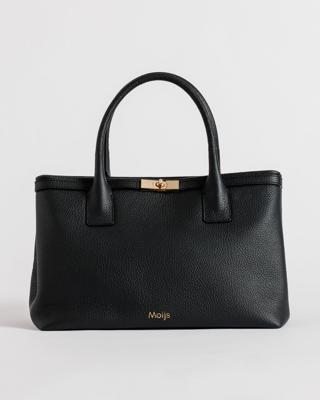 Borsa in pelle di vitello nera con manici strutturati e dettagli dorati Moijs