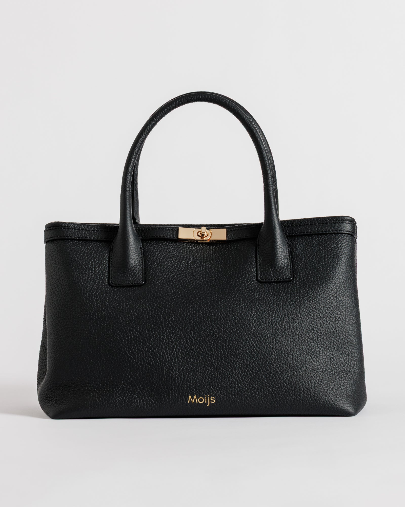 Borsa in pelle di vitello nera con manici strutturati e dettagli dorati Moijs