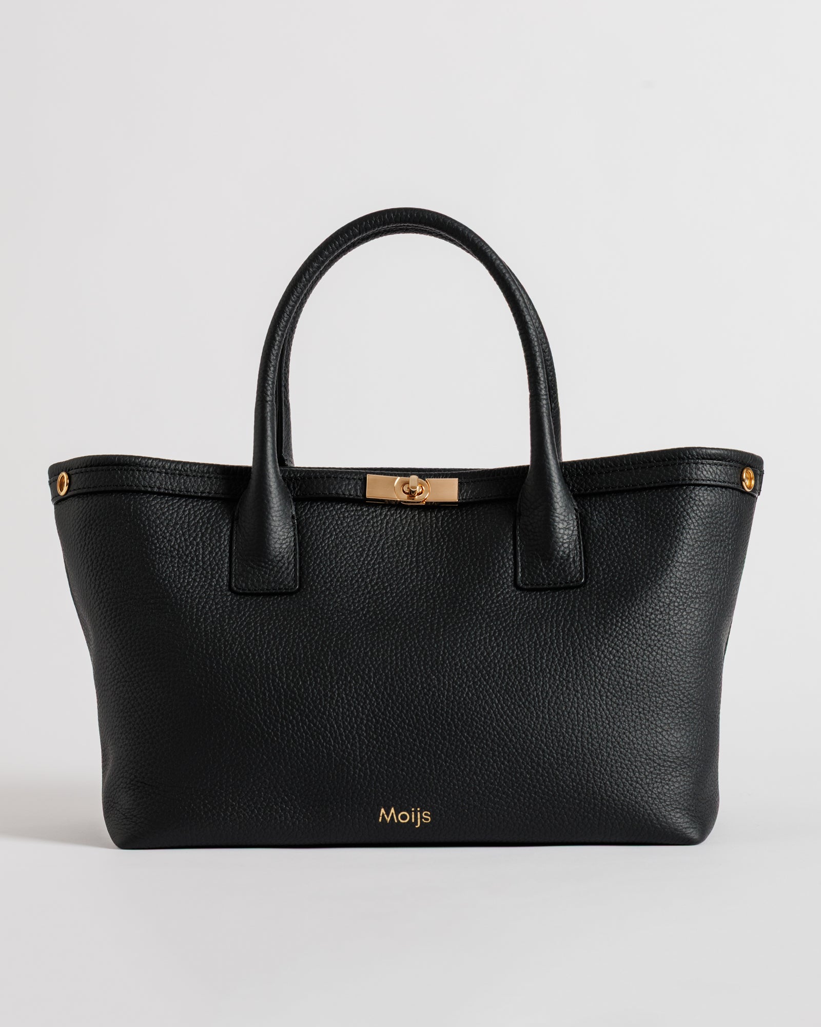 Profilo laterale della borsa Moijs in pelle di vitello nera con struttura rigida